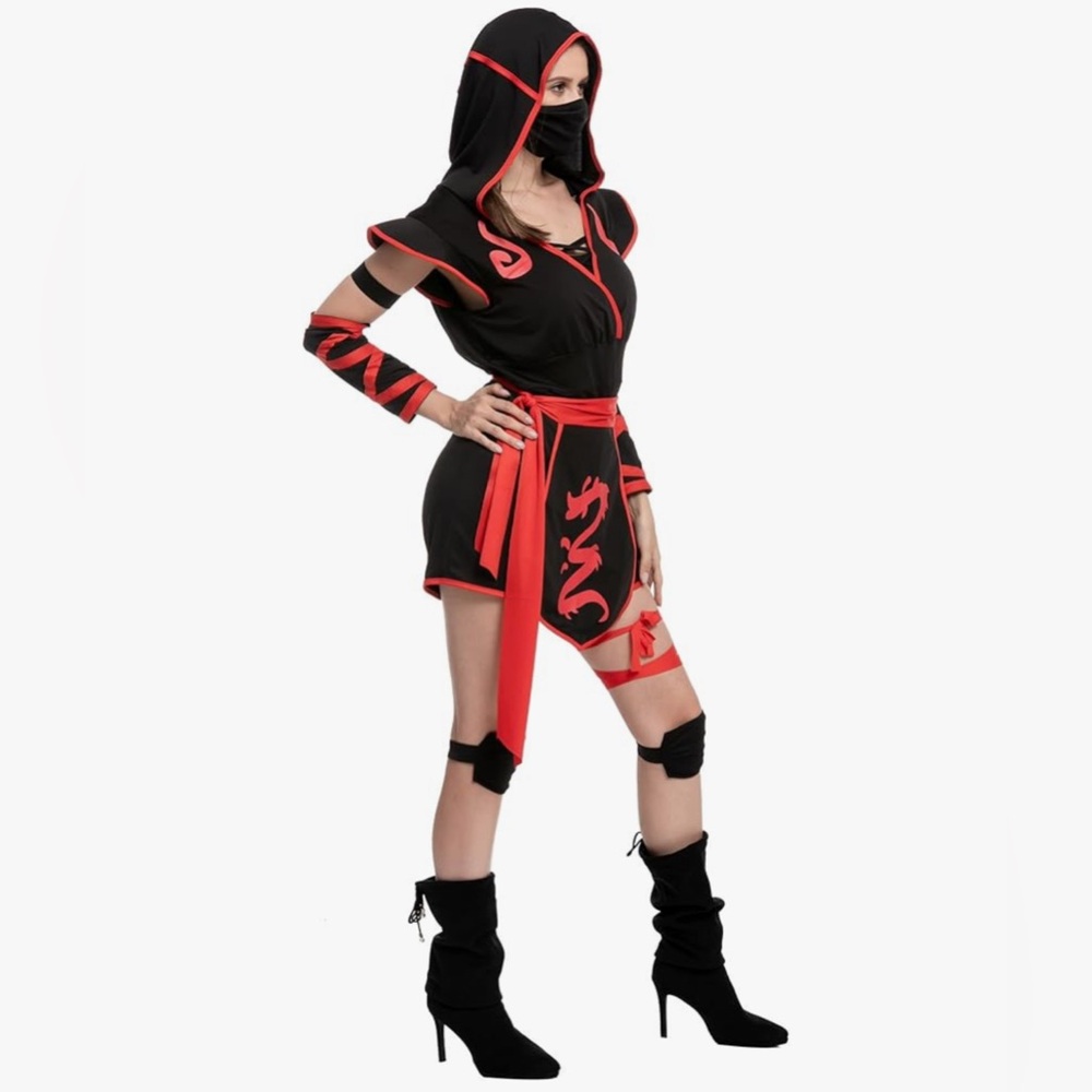 New - Spooktacular Creations Adult Ninja Warrior Costume - Black and Red - Picture 3 of 7
